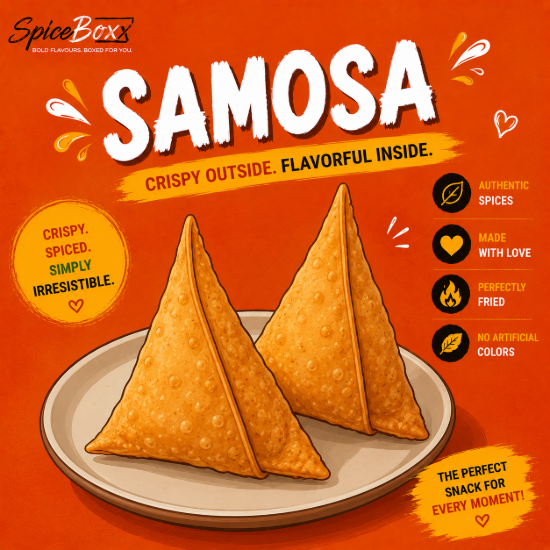 Golden crispy samosa filled with perfectly spiced potatoes and peas, freshly fried for a crunchy bite and rich authentic flavour. A classic street-food favourite made with aromatic spices and wrapped in a light, crispy pastry shell.